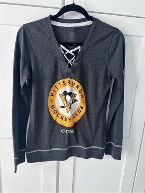 CCM Women's Charcoal and Gold Pittsburgh Hockey Club Lace-Up V-Neck Sweater